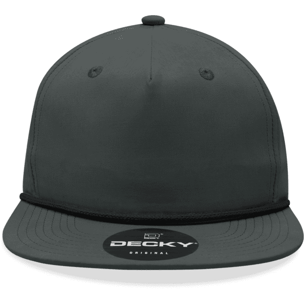 A black high profile relaxed rope hat featuring a round crown and a flat brim, with a logo on the front.