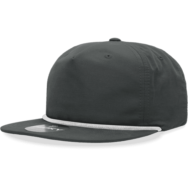 A grey 5 Panel High Pro Cotton/Poly Blend Rope Hat with a white rope detail across the front.