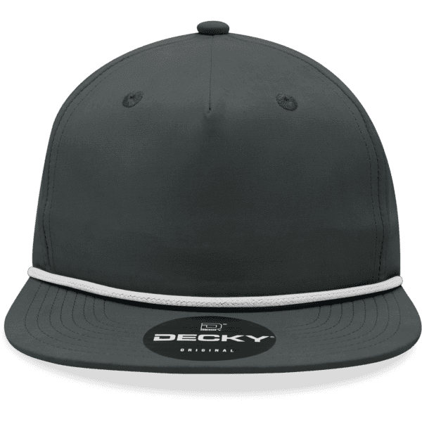 A high-profile relaxed rope hat in dark grey with a contrasting white rope detail and a branding logo.