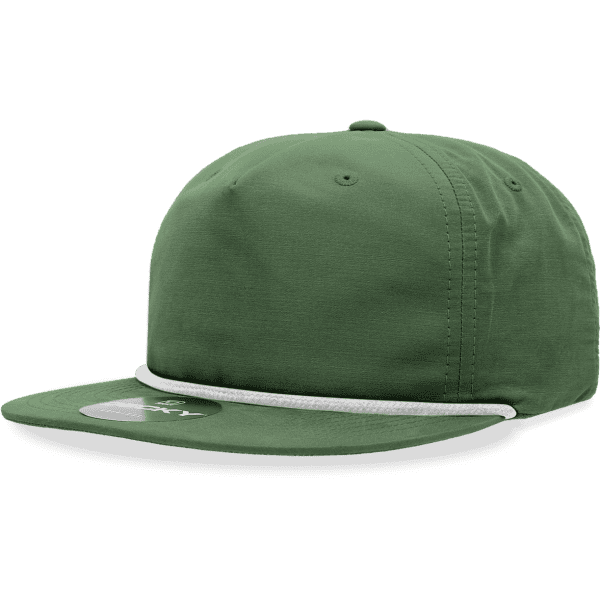 A green 5 Panel High Pro Cotton/Poly Blend Rope Hat with a black peak and a branding logo.