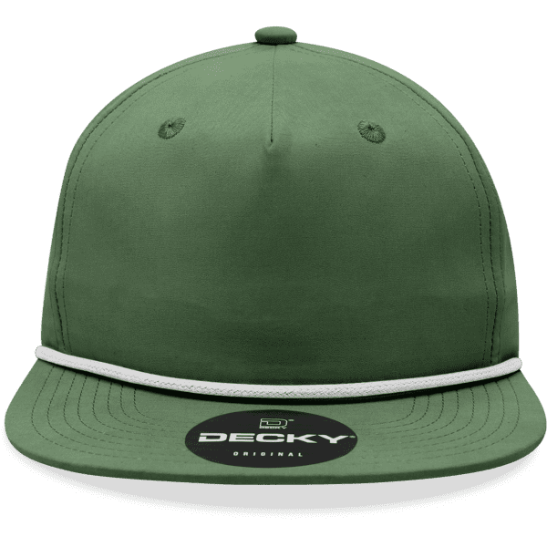 A green 5 Panel High Profile Relaxed Rope Hat with a flat brim and a decorative rope detail. Features a logo on the front.