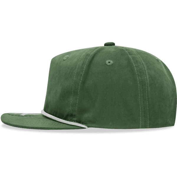 A green 5 panel high profile relaxed rope hat with a white rope detail and logo on the front.