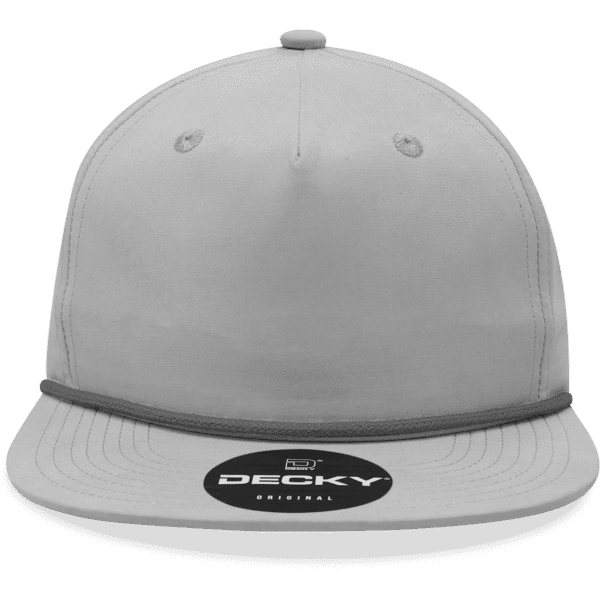 A grey 5 panel high profile relaxed rope hat with a round logo on the front.