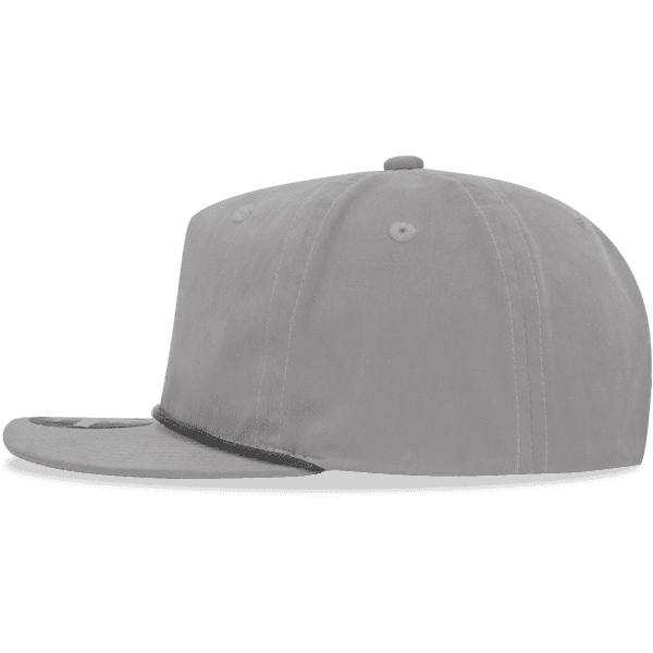 A high-profile grey rope hat with a flat brim and a logo on the front.