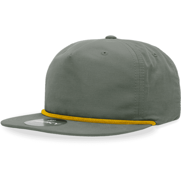 A green 5 panel cap with a yellow rope detail and a branded logo on the front.