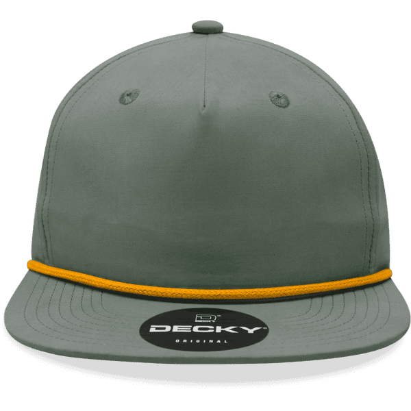 A grey high-profile relaxed rope hat with an orange braided band and a logo on the front.