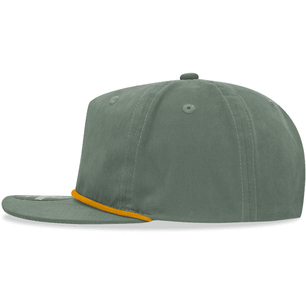 A green 5 Panel High Profile Relaxed Rope Hat features an orange detailing and has a logo on the front.