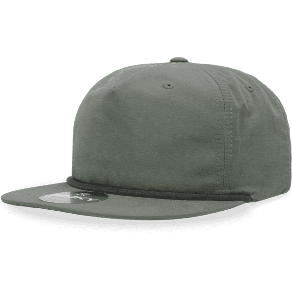 A grey 5 Panel High Pro Cotton/Poly Blend Rope Hat with a flat brim and branding on the front.