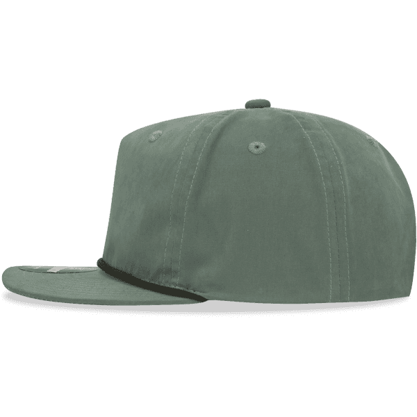 A green 5-panel high-profile relaxed rope hat with a flat brim and logo detail.
