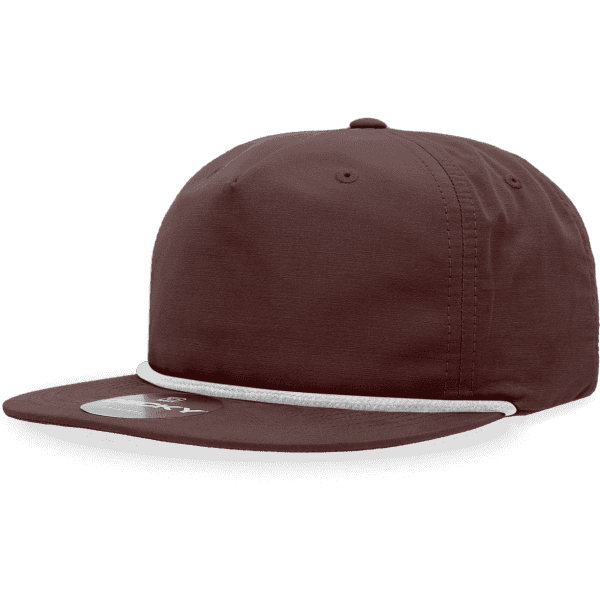 A maroon 5 Panel High Pro Cotton/Poly Blend Rope Hat with a white rope detail and a logo on the front.