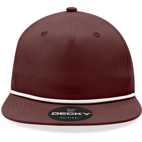 A maroon high profile relaxed rope hat with a white cord and a logo on the front.