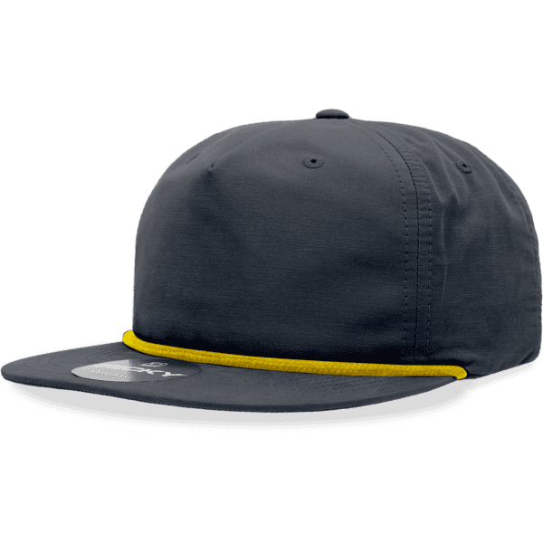 A dark grey cap with a yellow rope detail on the brim and a logo on the front.