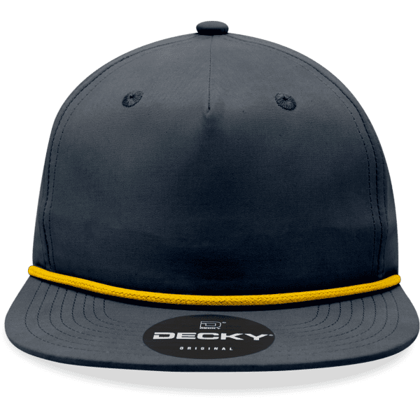 A high-profile, relaxed 5-panel hat in navy with a yellow rope accent and a logo on the front.