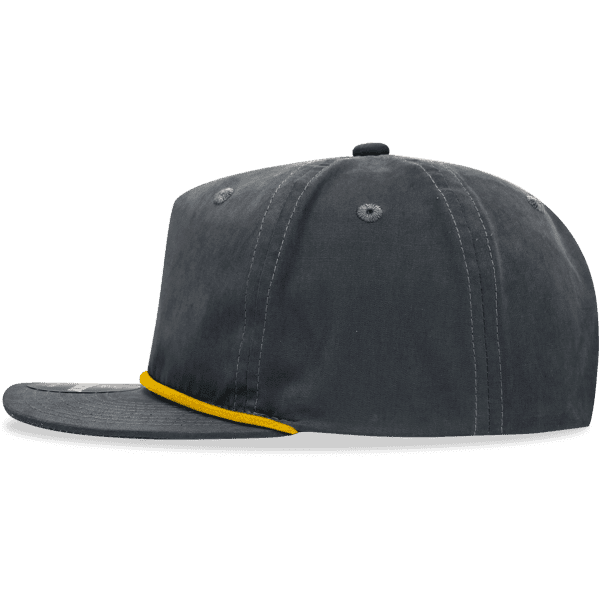 A grey 5 panel high profile relaxed rope hat with a yellow rope detail along the brim and a logo on the front.