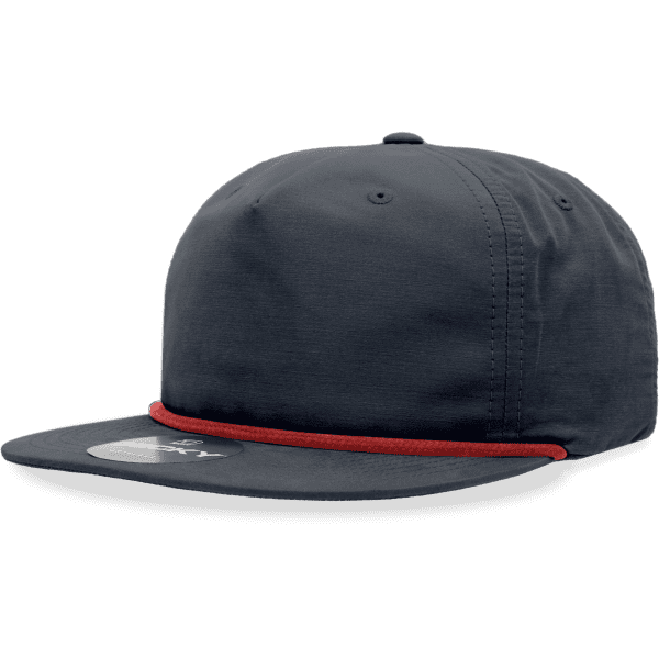 A grey cap with a red rope accent and a flat brim, featuring a logo on the front.