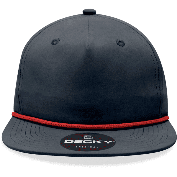 A navy blue 5 panel high profile relaxed rope hat with a red rope detail and a logo on the front.