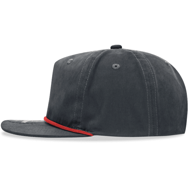 A grey high-profile relaxed rope hat with a contrasting red accent, featuring a curved brim and a logo.