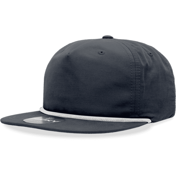 A dark grey 5 panel high profile cotton/poly blend rope hat with a white rope detailing and a logo on the side.