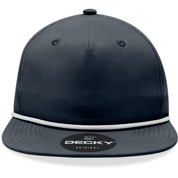 A navy 5 Panel High Profile Relaxed Rope Hat featuring a white rope detail and a logo on the front.