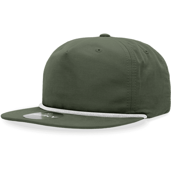 An olive green 5 panel high pro cotton/poly blend rope hat with a curved brim and a logo on the front.