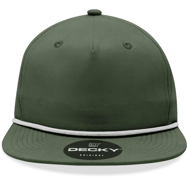 A high-profile, relaxed olive green rope hat with a white accent and a logo on the front.