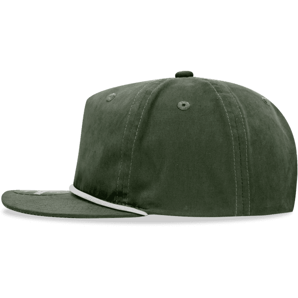 A green 5 panel high profile relaxed rope hat, featuring a white rope detail and a logo on the front.