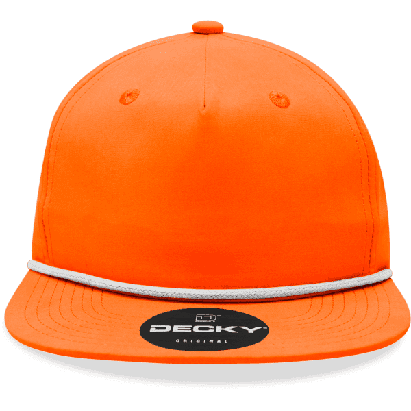 An orange 5 Panel High Profile Relaxed Rope Hat featuring a white rope detail and a circular logo on the brim.
