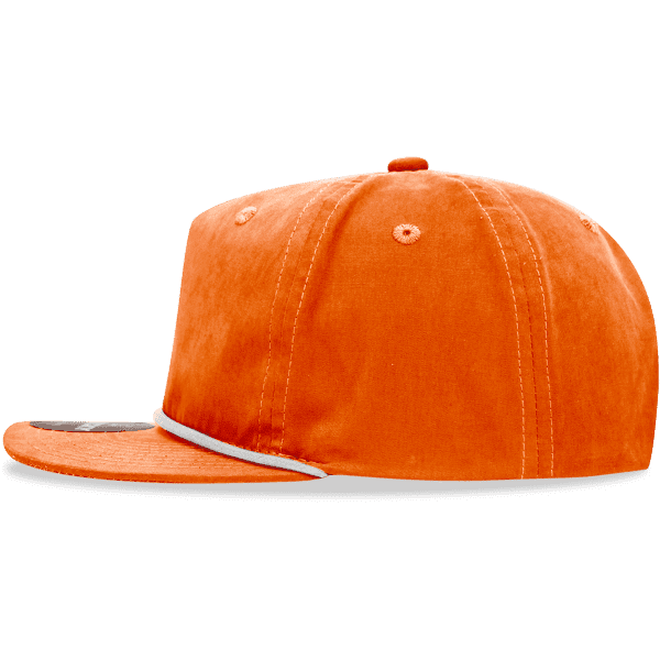 A high-profile, relaxed rope hat in orange, featuring a contrasting peak and a logo on the front.