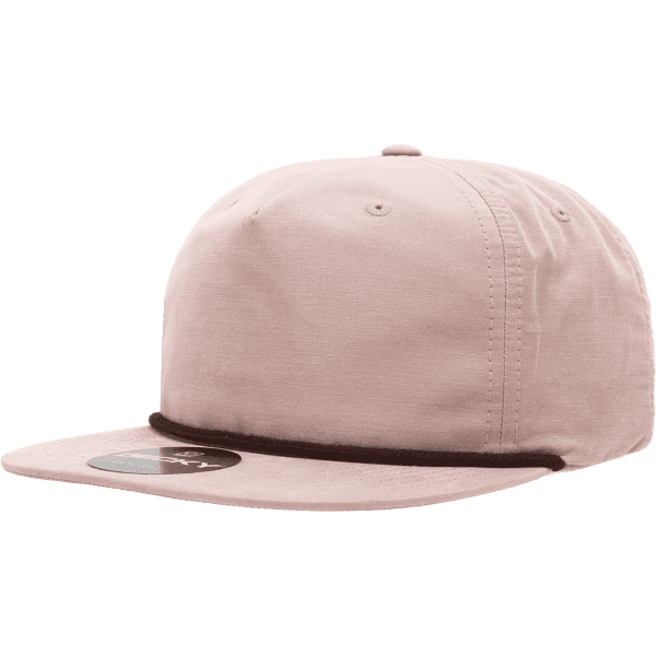 A pink 5 Panel High Pro Cotton/Poly Blend Rope Hat with a contrasting strap and a logo on the side.