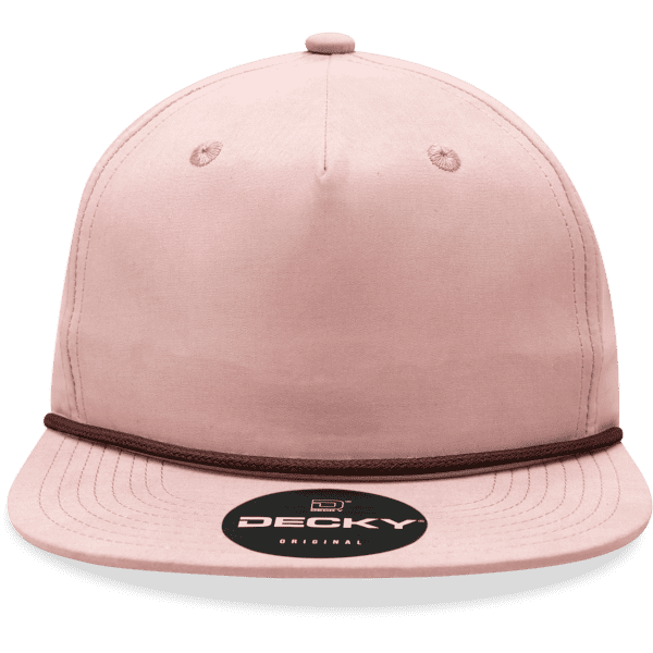 A high-profile, relaxed rope hat in soft pink with a brown rope detail and a logo patch on the front.