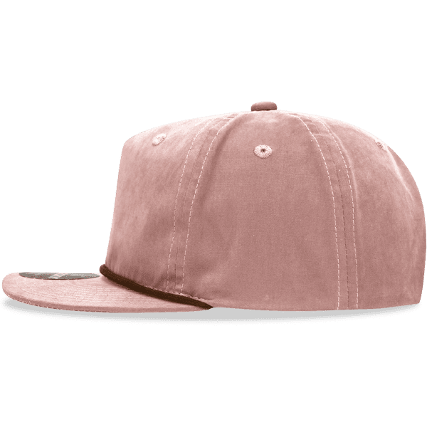 A pink 5 panel high profile relaxed rope hat with a curved brim and a logo on the front.