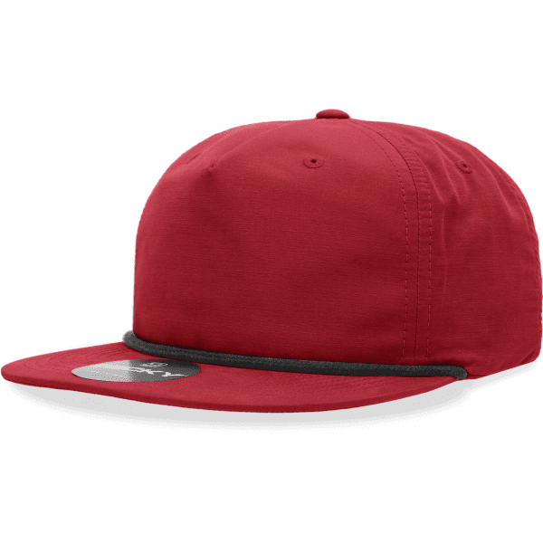 A red 5 panel cap with a flat brim, featuring a rope detailing and a branding logo.