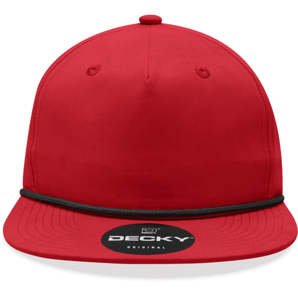 A red high-profile relaxed rope hat with a black brim and a logo on the front.