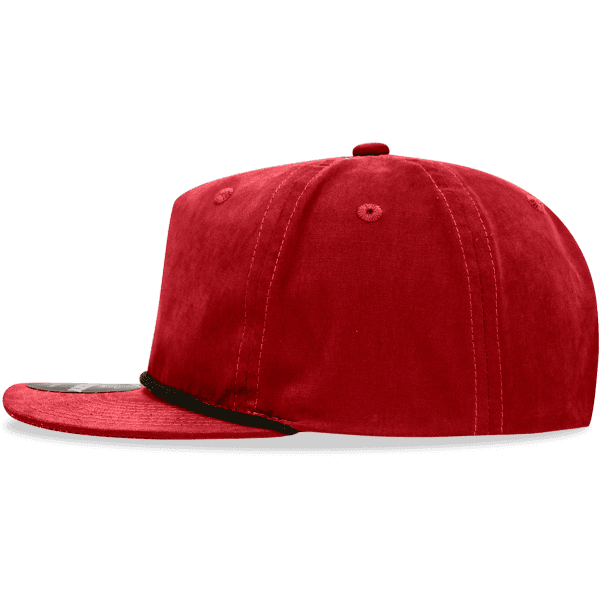 A red 5-panel high profile relaxed rope hat featuring a curved brim and a logo on the front.