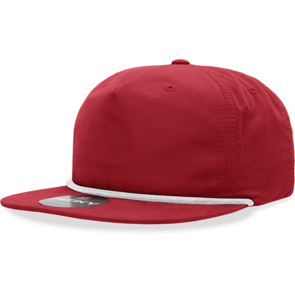 A red 5 panel cap made from a cotton/poly blend, featuring a white rope detail and a branded logo.