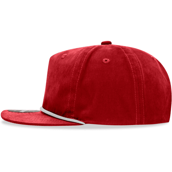 A red 5 Panel High Profile Relaxed Rope Hat with a flat brim and a logo on the front.