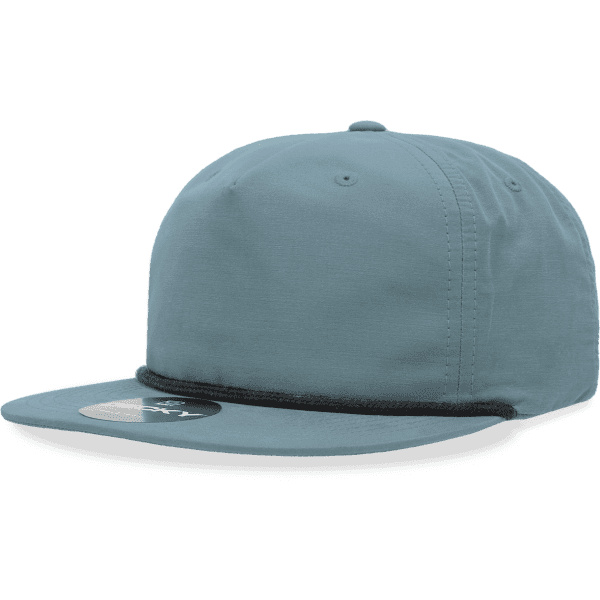 A 5 panel high pro hat in teal with a black rope detail and a logo on the front.