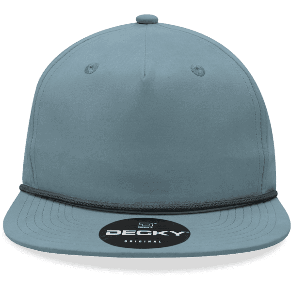 A high-profile relaxed rope hat in light grey, featuring a round crown, flat brim, and a logo on the front.