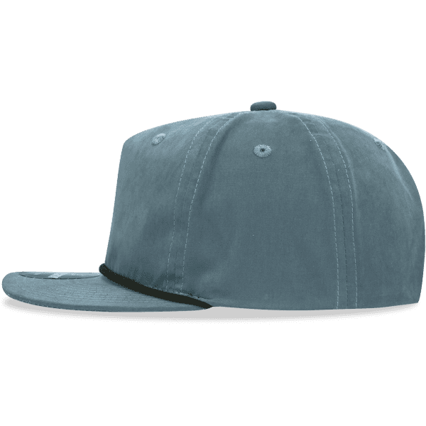 A grey 5 Panel High Profile Relaxed Rope Hat with a flat brim and a logo on the front.