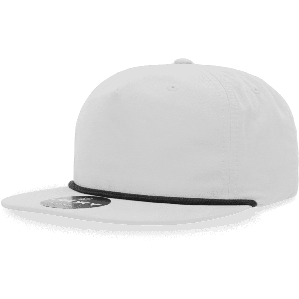 A white 5 Panel High Pro Cotton/Poly Blend Rope Hat with a black visor and a logo on the front.