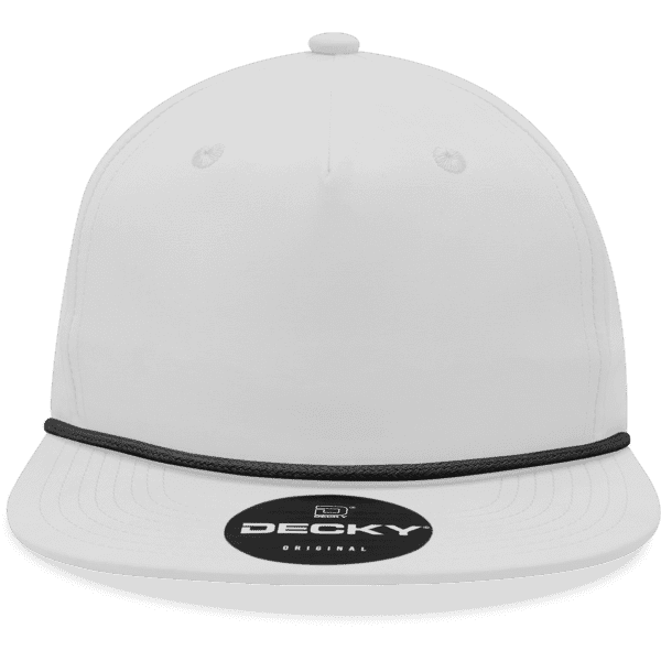 A white high profile relaxed rope hat featuring a black band and a logo on the front.
