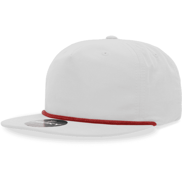 A white 5 panel cap with a red rope detail along the brim and a logo on the front.