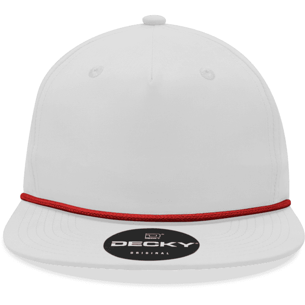 A white high-profile hat with a relaxed fit and a red rope detail, featuring a brand logo on the front.