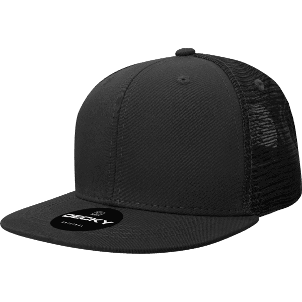 A black high-profile structured trucker cap with mesh sides and a flat brim. Features a logo on the front.