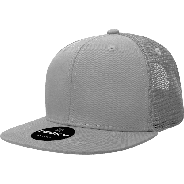 A grey 6-panel trucker cap made from a cotton/poly blend, featuring a mesh back and a logo.