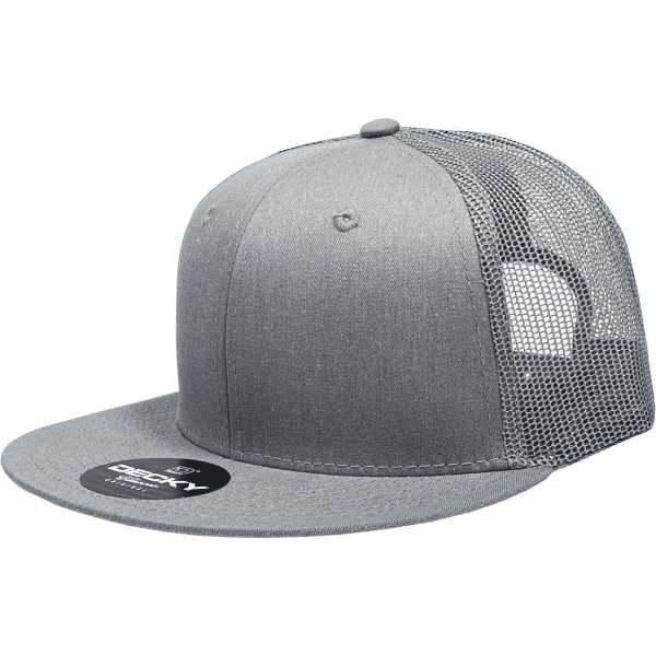A grey 6 panel high profile structured trucker cap with mesh back and a branded logo.