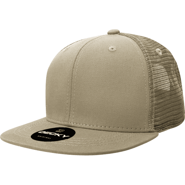 A beige 6-panel high-profile trucker cap with a mesh back and a branding logo on the front.
