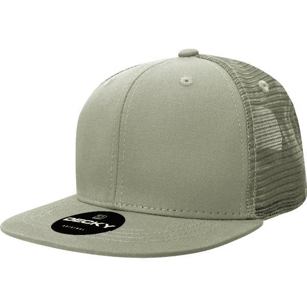 A grey 6-panel trucker cap with a cotton/poly blend and a mesh back, featuring a logo.