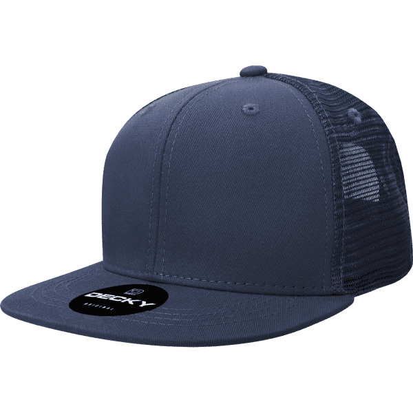 A navy 6 panel high pro cotton/poly blend trucker cap with a mesh back and logo on the front.