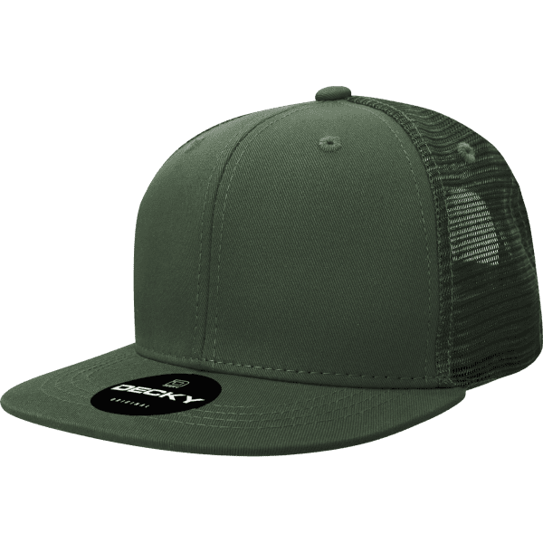 A green 6-panel high pro cotton/poly blend trucker cap with a mesh back and a logo on the front.